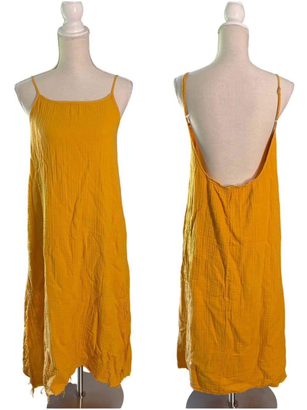 STARKx Low Back Cami Dress size S small golden yellow midi cotton gauze slit